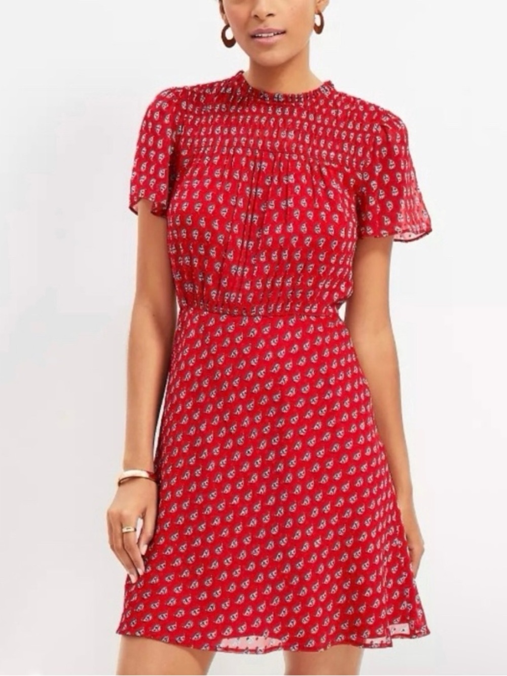 LOFT Paisley‎ Smocked Mini Dress Size 6 Red Clip Dot Tomato Girl Euro Romantic